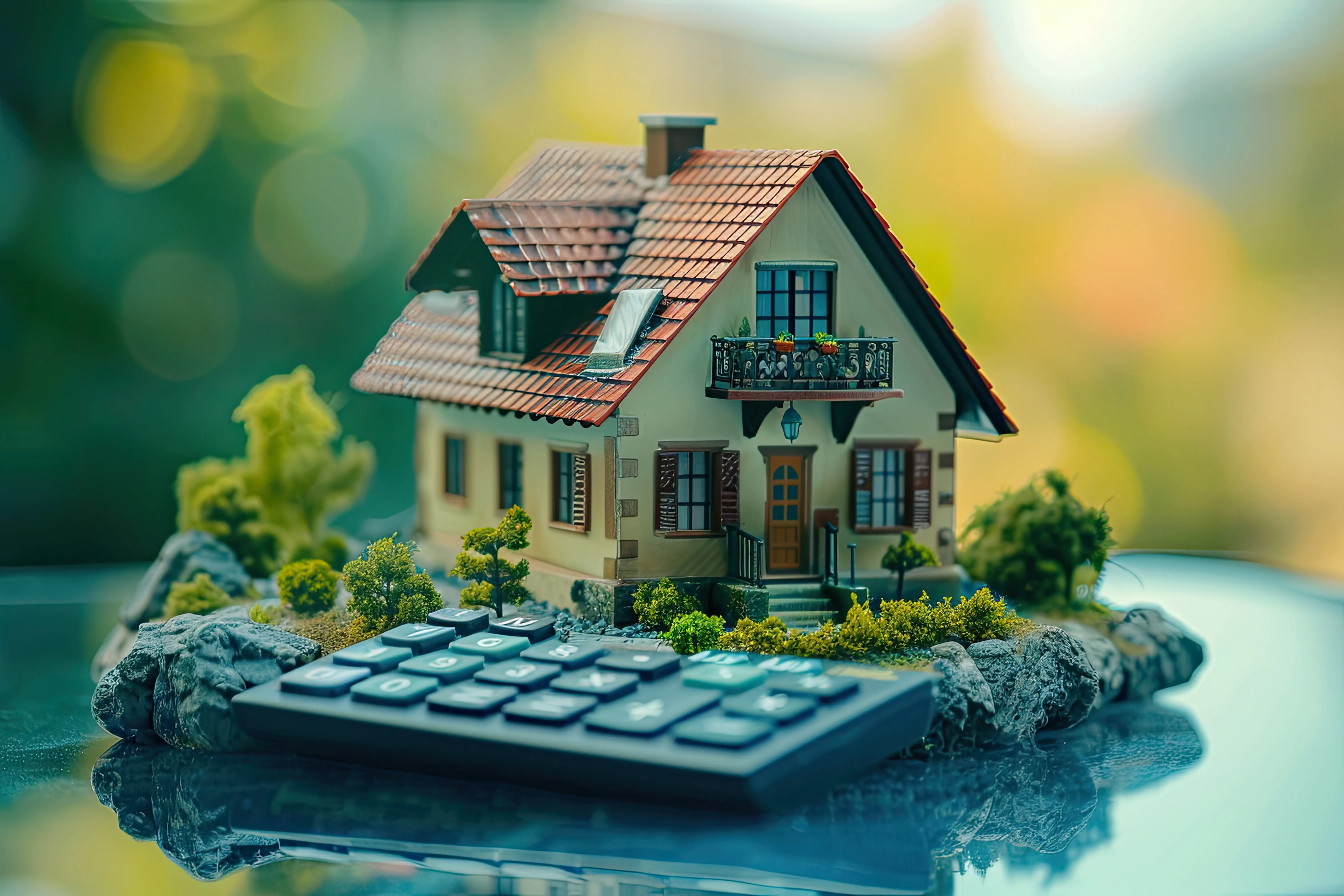 Miniaturmodell eines Hauses auf einem Taschenrechner, Konzept für das Immobiliengeschäft.