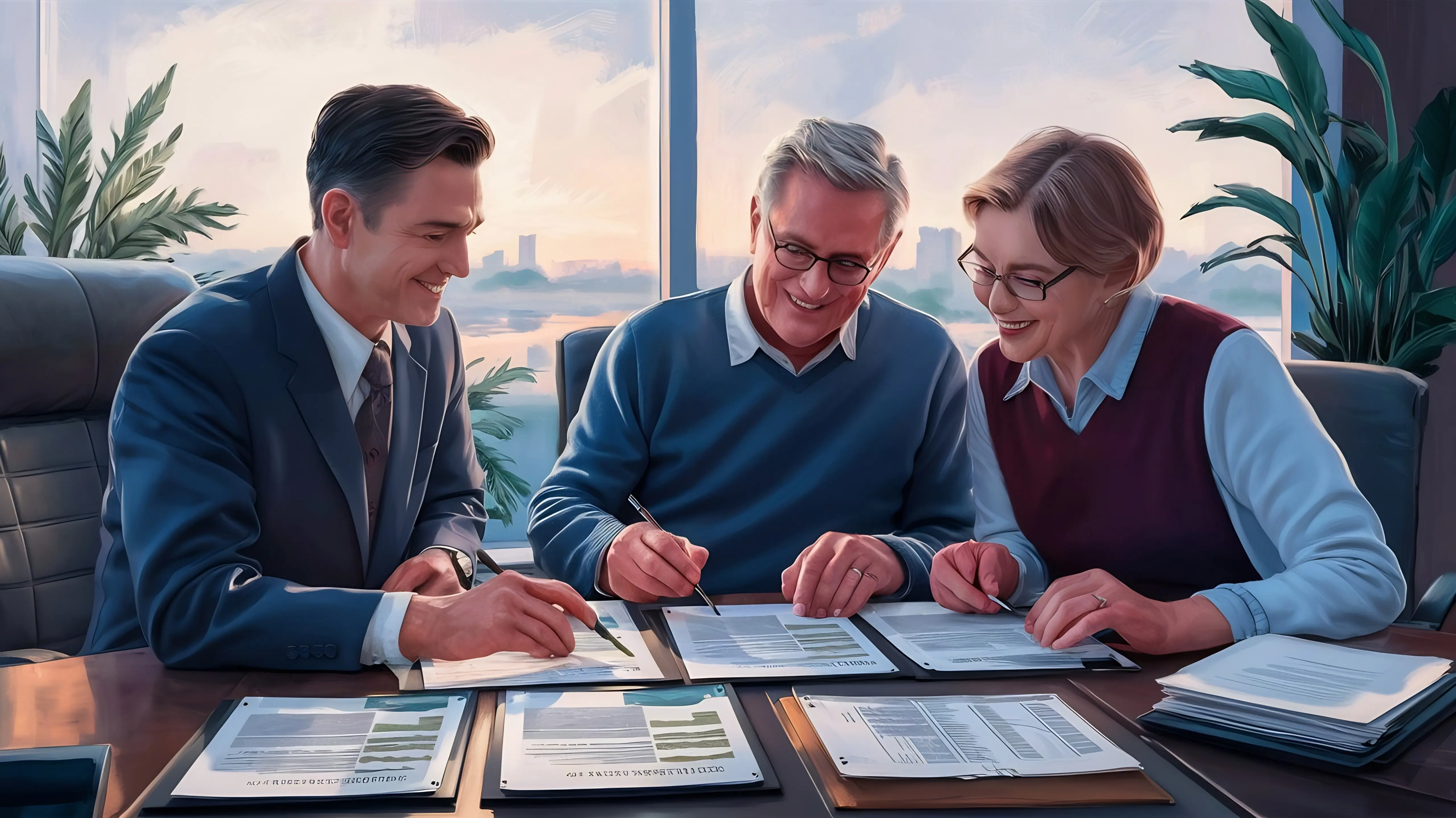 Ein Finanzberater und ein Seniorenpaar sprechen und analysieren bei Beratungsgesprächen Dokumente im o.