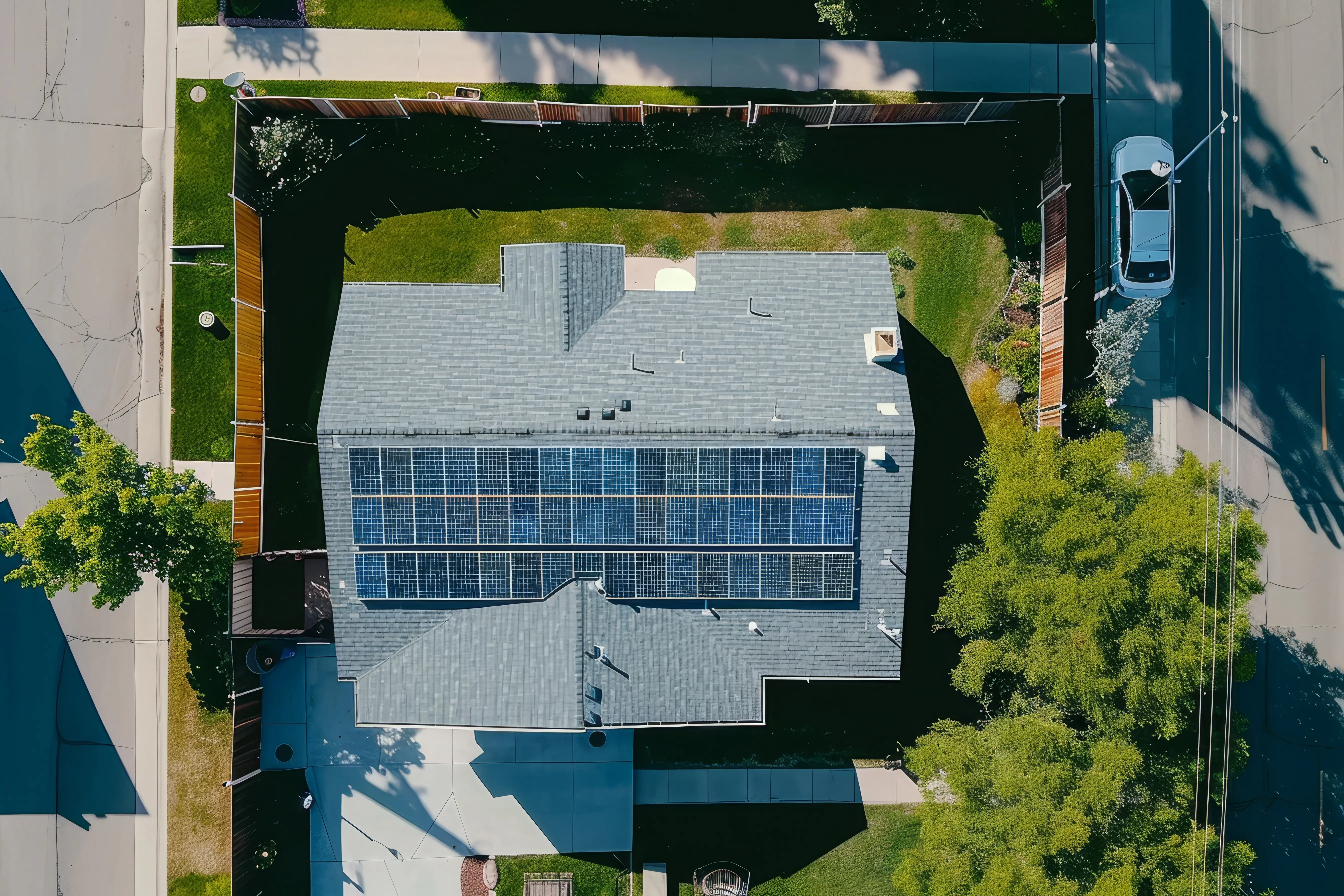 Eine Luftaufnahme zeigt ein modernes Wohnhaus mit Solarpaneelen auf dem Dach, eingebettet in eine üppig grüne, für das Vorstadtleben typische Umgebung.